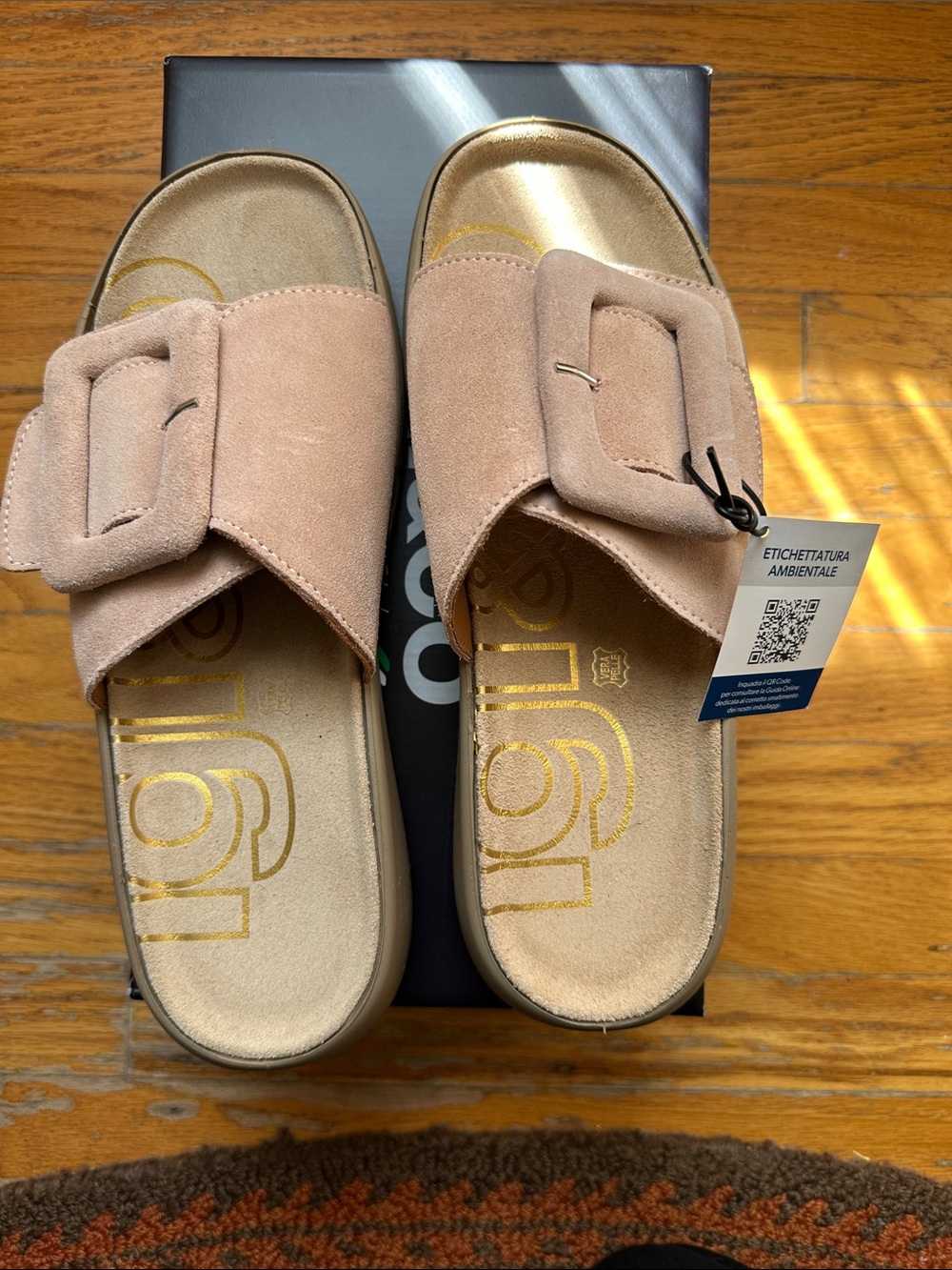 Women’s Blush Suede Slide Sandals with Buckle Detail